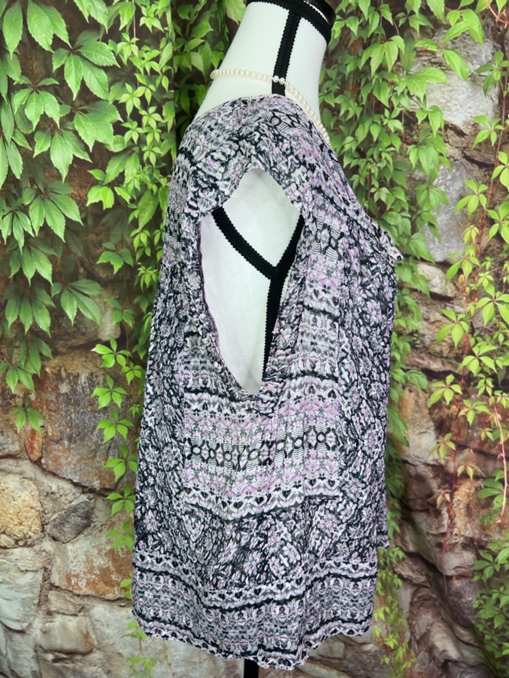 REBECCA TAYLOR Summer Designer Black and Lilac Double Tie Neck Print Blouse, 12 - Picture 9 of 12